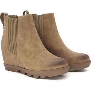 Athlefit Women's Khaki Faux Leather Wedge Boots Comfortable Ankle Wedge Booties